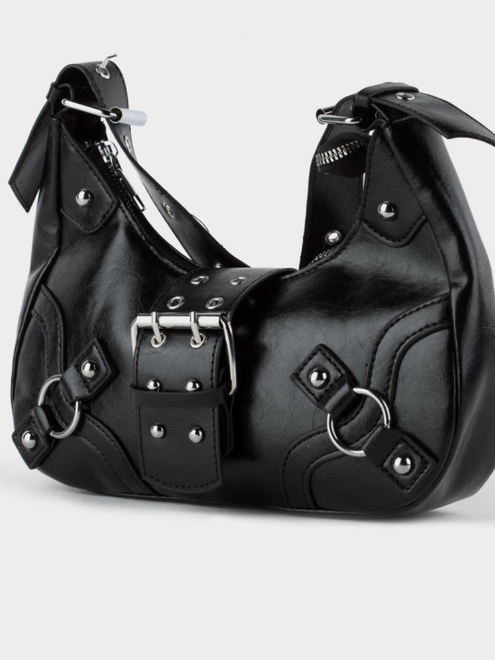 Studded Black Buckle Shoulder Hobo Bag